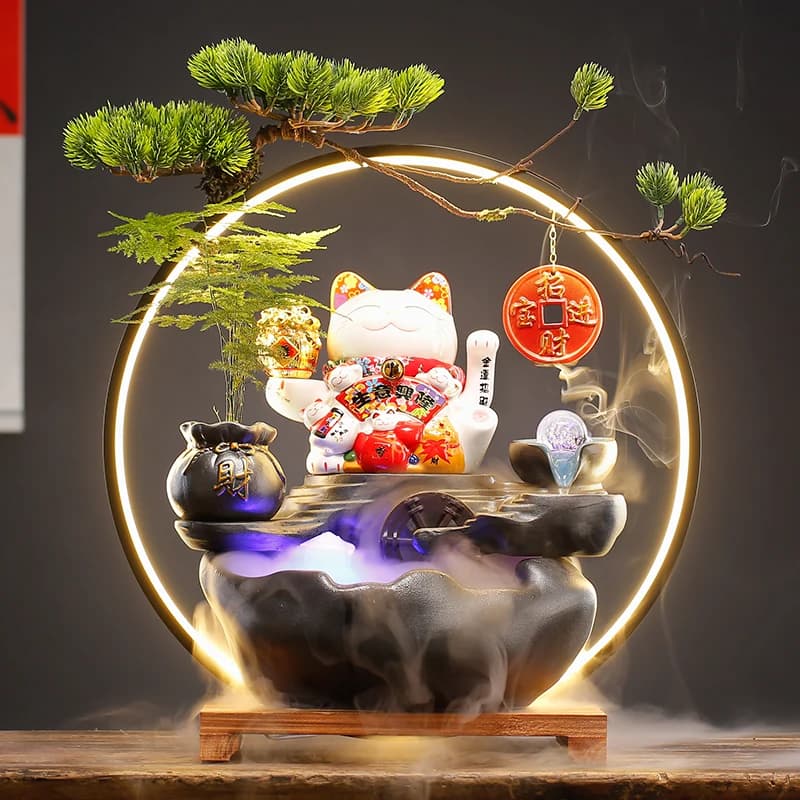循环流水摆件陶瓷招财猫开业礼品