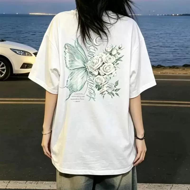 阿斌服饰百货1夏季新款美式复古潮流蝴蝶情侣男女圆领纯棉短袖