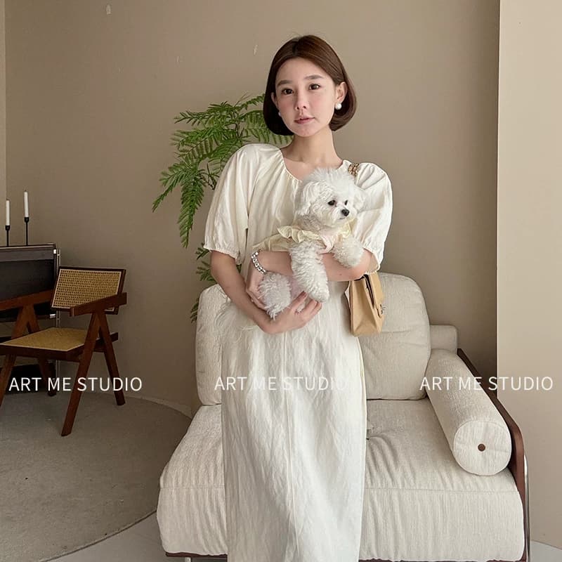ARTME瓜瓜 松弛感泡泡袖连衣裙女夏季收腰显瘦气质中长裙w1344q2