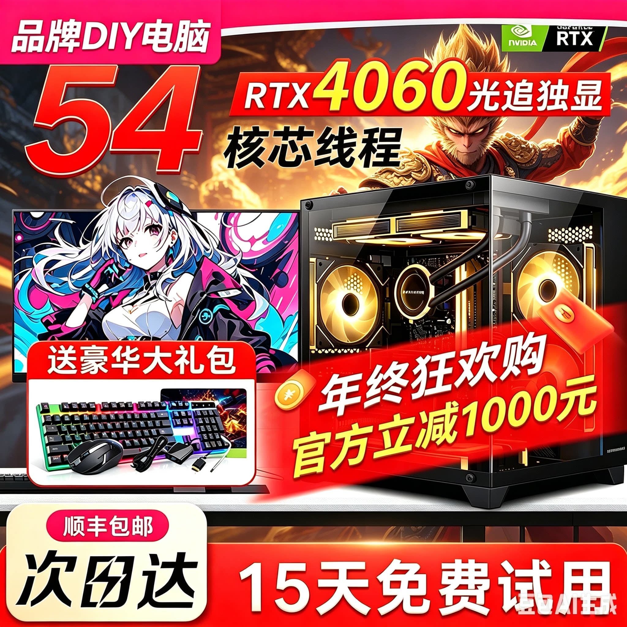 54核/RTX4060游戏台式电脑主机家用办公吃鸡电竞直播设计剪辑全套