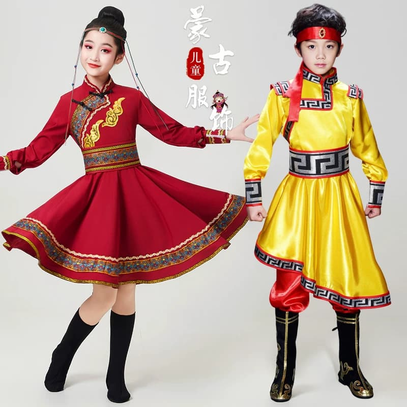 现货速发儿童蒙古舞蹈演出服男蒙族袍草原白马筷子舞服饰童蒙古族