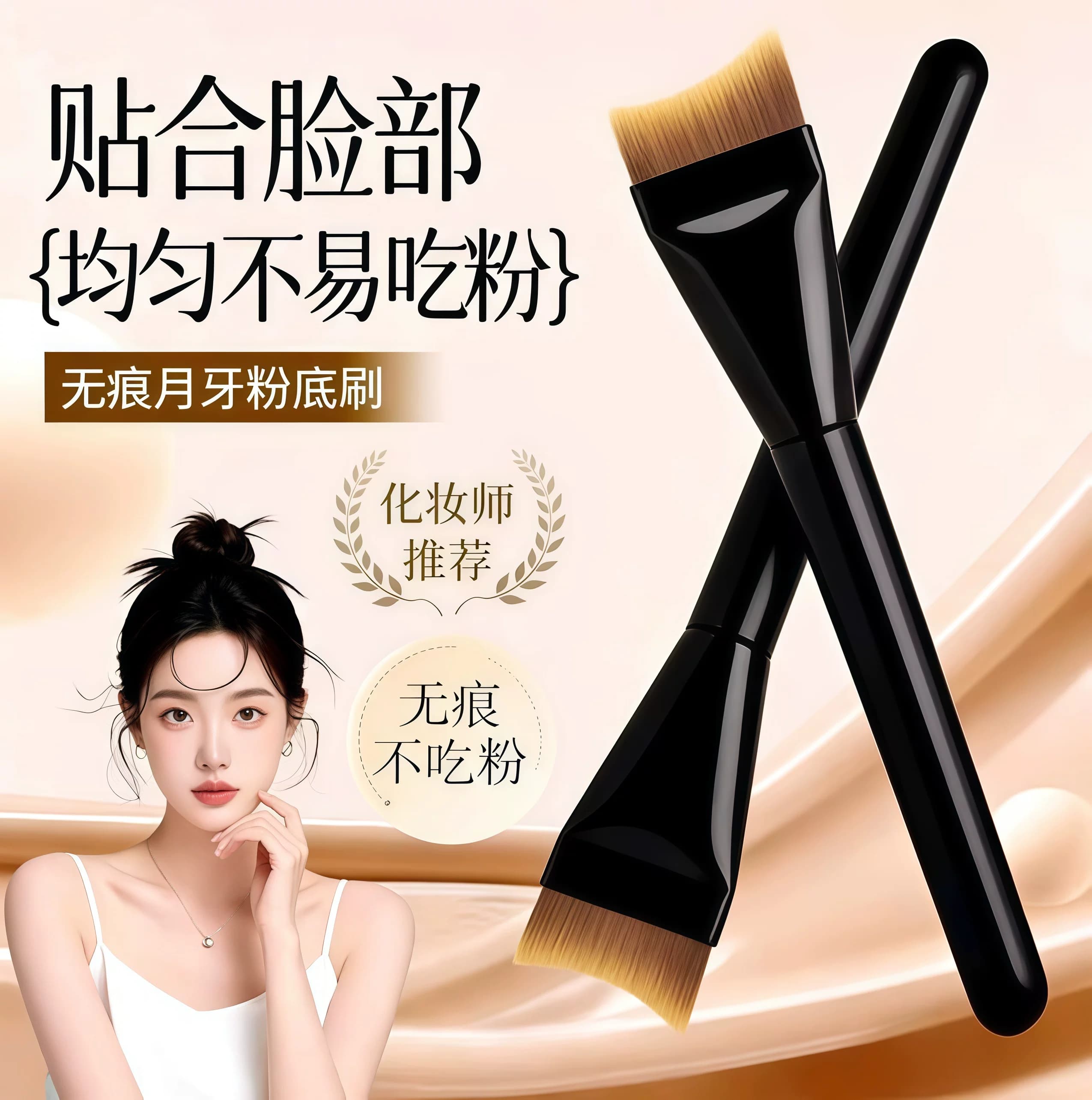 无痕不吃粉月牙长杆弧扇形粉底刷